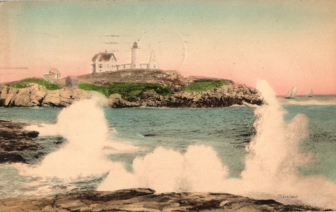 Nubble Light, Maine Coastal Hand-Colored Postcard with Crashing Waves and Distant Sailboats, 1916 (1 of 2)