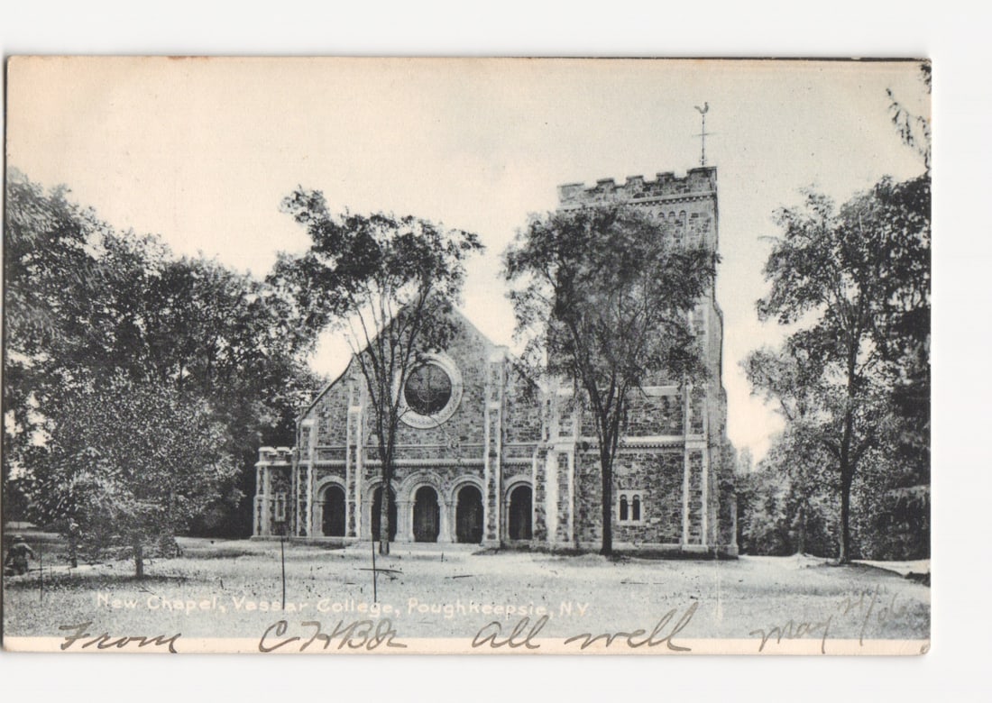 New Chapel, Vassar College, Poughkeepsie, New York, c. 1908 Halftone Photographic Postcard: The New Chapel at Vassar College in Poughkeepsie, New York, is depicted in a monochromatic halftone photographic print. The stone building features a prominent crenellated tower with a cross finial on