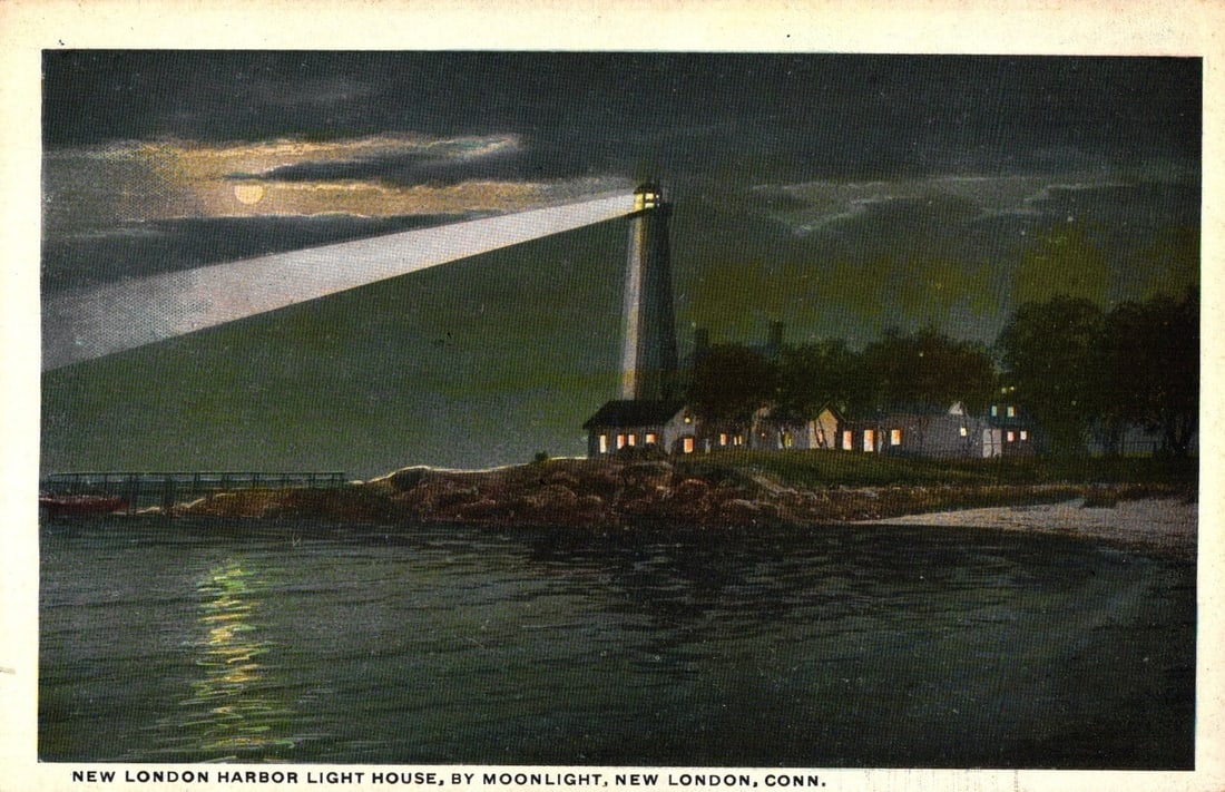 Moonlit postcard of New London Harbor Lighthouse, New London, Connecticut, early 20th century: A nighttime chromolithograph depicting the New London Harbor Lighthouse by moonlight. The tall white lighthouse stands on a rocky shore, projecting a bright beam of light across dark water. In the bac