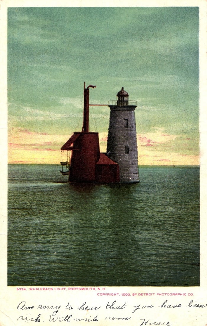 Whaleback Light, Portsmouth, N.H. Hand-colored Lithograph Postcard, Circa 1902-1906. (1 of 2)