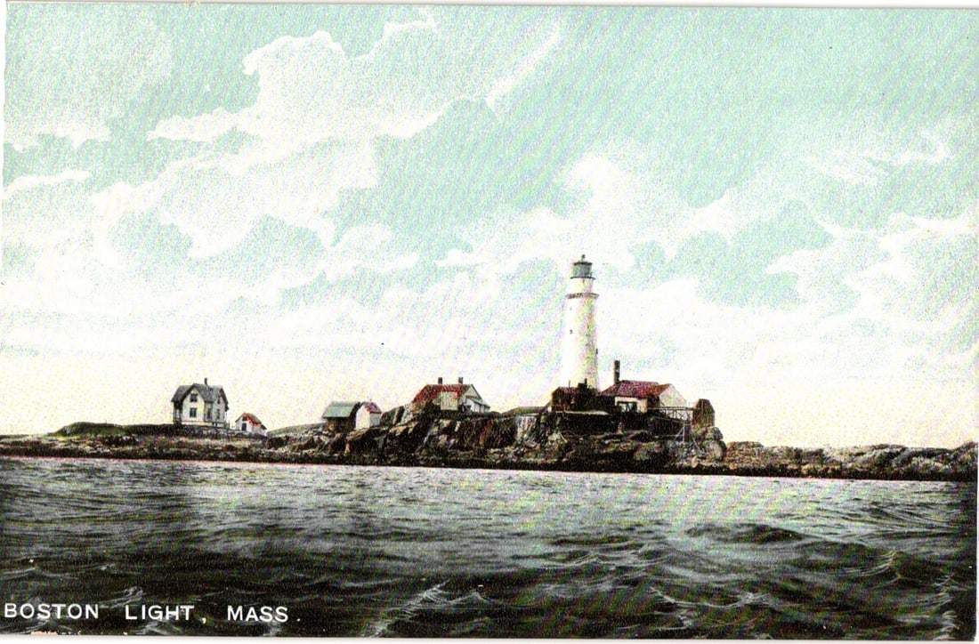 Boston Light Lighthouse on Rocky Island, Massachusetts, Early 20th Century Illustrated Postcard: A prominent cylindrical white lighthouse stands on a rocky island, accompanied by several smaller red-roofed buildings. The island's terrain features visible rocks and sparse green vegetation, rising 
