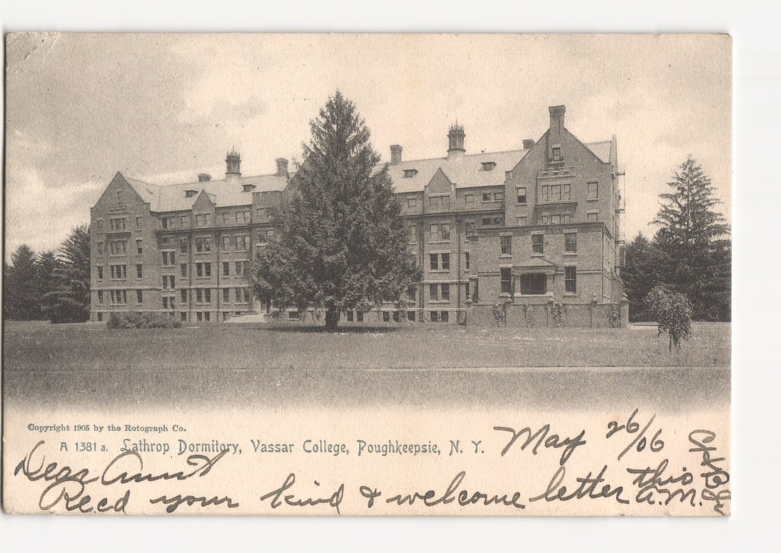 1906 Rotograph postcard depicting Lathrop Dormitory at Vassar College, Poughkeepsie, N.Y. (1 of 2)