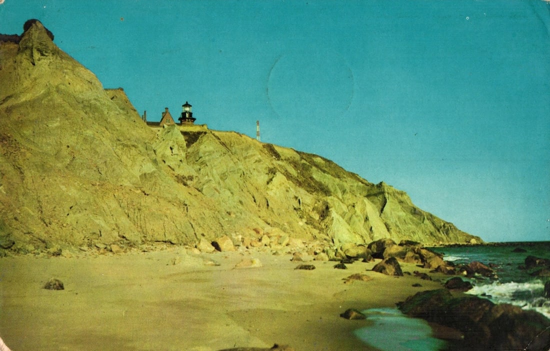 Clay Banks at Block Island, Rhode Island, featuring Southeast Light, vintage postcard. (1 of 2)