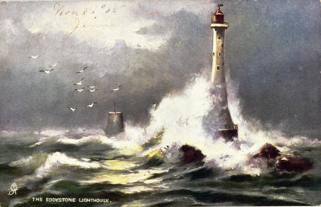 Historic Eddystone Lighthouse postcard amidst crashing waves, depicting early 20th century maritime: A tall, slender lighthouse with a red cap stands amidst tumultuous, white-capped waves under a stormy, cloudy sky. Significant spray rises as large waves crash against the lighthouse's rock base. A sm