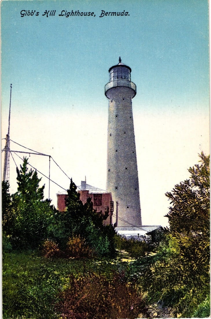 Gibb's Hill Lighthouse, Bermuda, Vertical Early 20th Century Saxony-Printed Chromolithograph: A tall, tapering lighthouse with a distinctive lantern room at its apex dominates the central and right portions of the vertical image. The lighthouse body is light gray or white, marked with evenly s