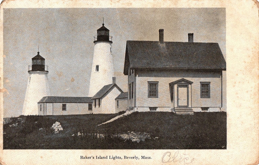 Sepia-toned postcard featuring Baker's Island Lights lighthouses and keeper's house, Beverly, Mass. (1 of 2)