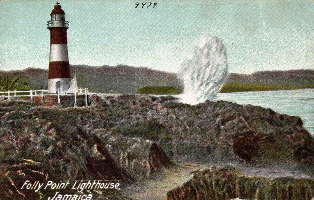 Early 20th-century colorized print postcard depicting Folly Point Lighthouse, Jamaica. (1 of 2)
