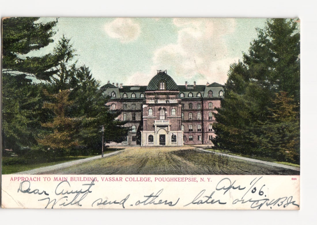 Early 1900s postcard of Vassar College Main Building approach, Poughkeepsie, New York. (1 of 2)