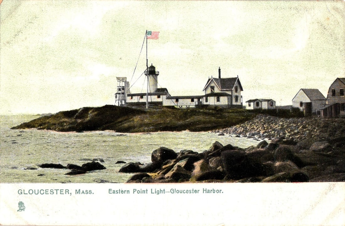 Eastern Point Light and related structures on rocky shore, Gloucester, Massachusetts postcard. (1 of 2)