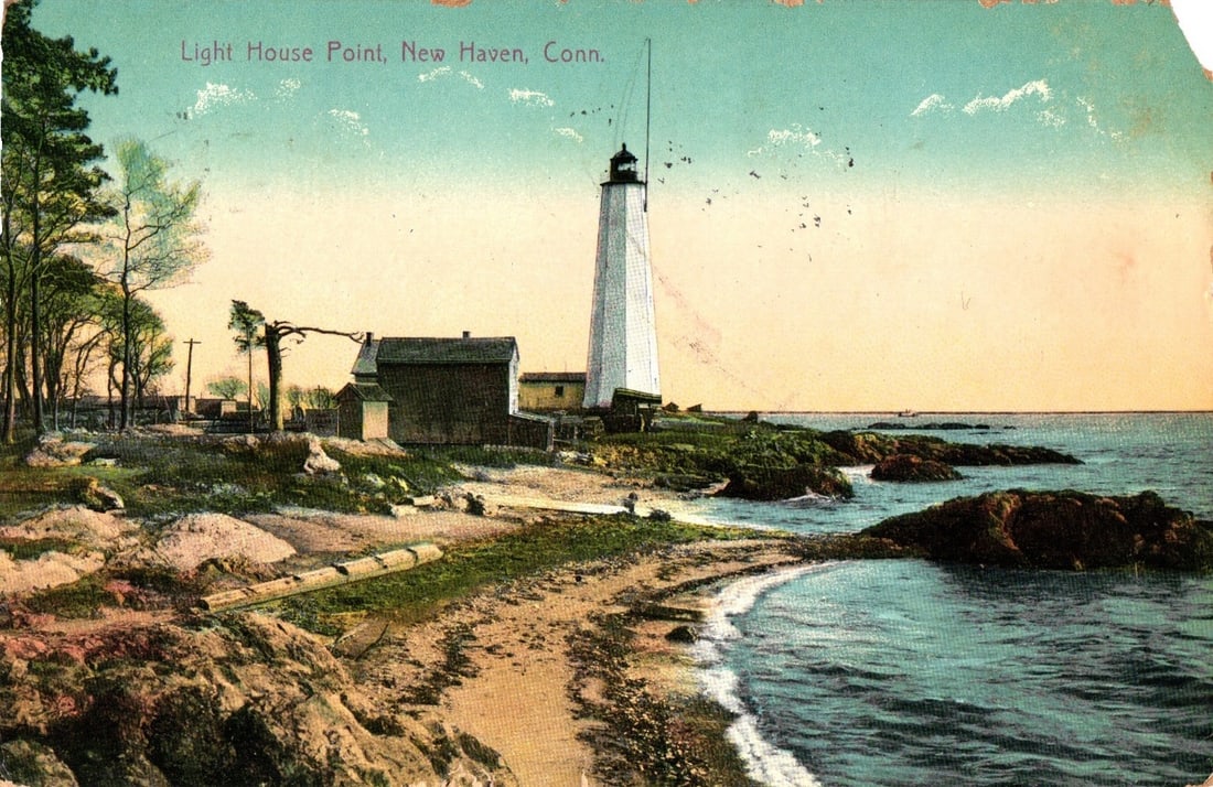 Light House Point, New Haven, Connecticut Coastal Lighthouse View, Early 20th Century Postcard: A chromolithograph postcard depicts a coastal scene featuring the Light House Point in New Haven, Connecticut. A tall, slender white lighthouse tower with a dark lantern room stands on a rocky promont