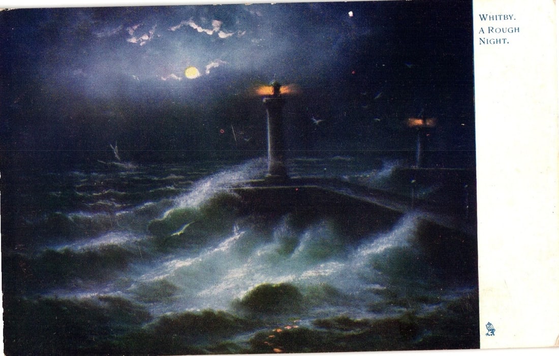 Early 20th-century chromolithograph postcard depicting Whitby lighthouse on a rough night.: A nocturnal seascape illustration depicting a lighthouse on a breakwater amidst turbulent, white-capped waves. A full moon is visible in the upper left sky, casting light on the rough sea. Another str