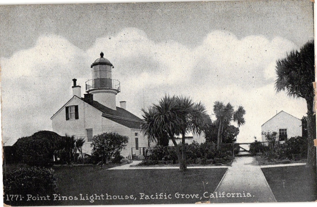Halftone Print Postcard Depicting Point Pinos Lighthouse and Palm Trees, Pacific Grove, California (1 of 2)