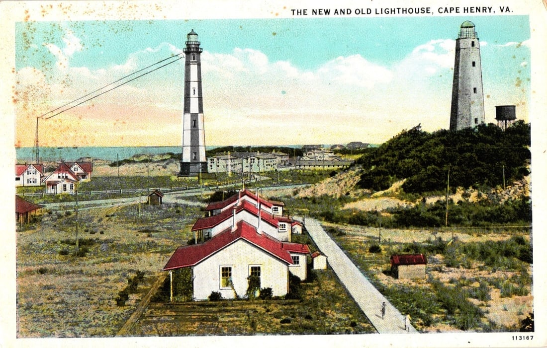 The New and Old Lighthouse at Cape Henry, VA, a Vintage Scenic Postcard from the Early 20th Century.: A chromolithograph postcard depicts an elevated view of two lighthouses on a coastal landscape. The left lighthouse is a tall, slender structure with horizontal black and white stripes. The right ligh