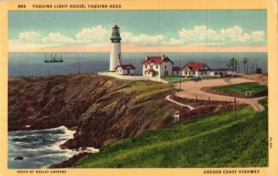 Scenic postcard depicting Yaquina Lighthouse, Yaquina Head, Oregon, with coastal view, circa 1950: A panoramic view of the Yaquina Lighthouse and associated buildings situated on a rugged cliff overlooking the Pacific Ocean. The lighthouse is a prominent white cylindrical tower topped with a red la