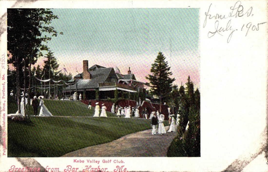 Kebo Valley Golf Club, Bar Harbor, Maine, depicted with people in a detailed early 1900s postcard.: The Kebo Valley Golf Club building and grounds are depicted, with the multi-story club structure featuring a prominent roofline, chimneys, and porches, situated on an elevated grassy area. An American