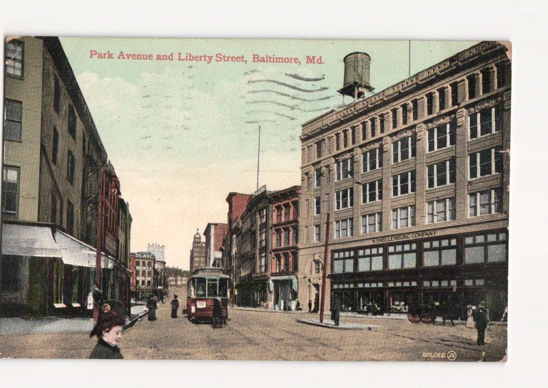 Vintage Streetcar on Park Avenue & Liberty Street in Baltimore, Maryland, circa 1911 postcard. (1 of 2)