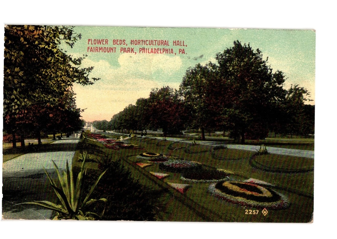 Chromolithograph postcard of Flower Beds and Horticultural Hall, Fairmount Park, Philadelphia, 1915. (1 of 2)
