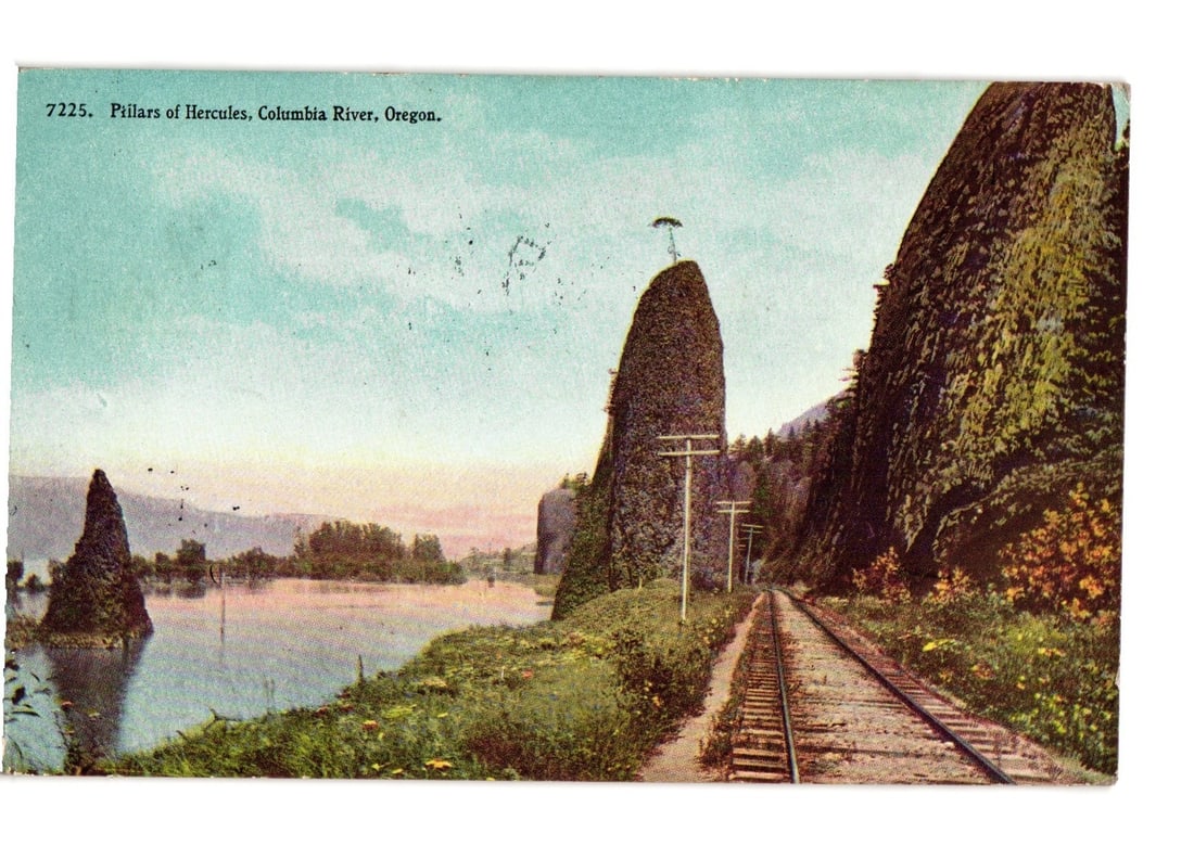 Colorized photograph postcard of Pillars of Hercules, Columbia River, Oregon, with railroad. (1 of 2)