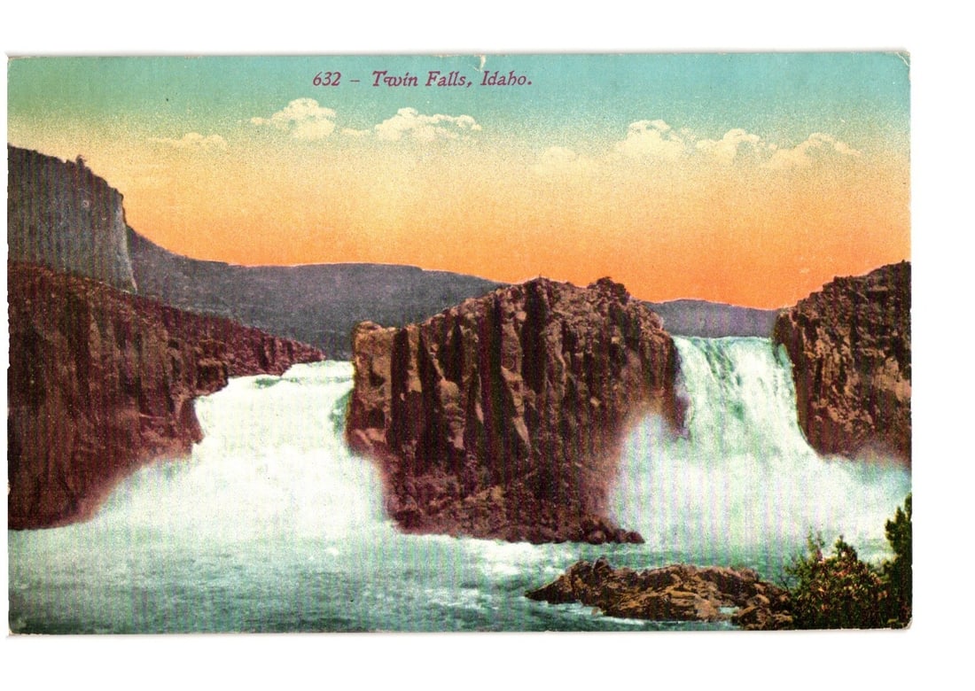 Vibrant Colorized Postcard of Twin Falls, Idaho Waterfall - Early 20th Century Scenery (1 of 2)