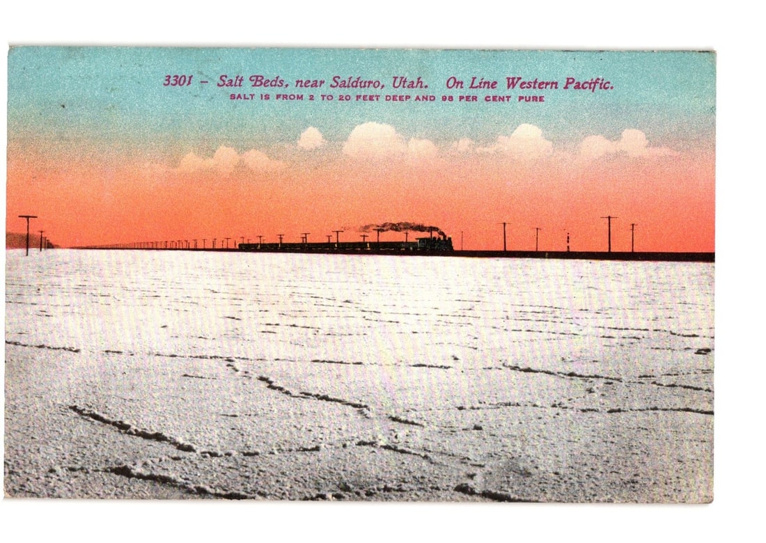 Salt Beds, Western Pacific train, Salduro, Utah, early 20th C. chromolithograph postcard. (1 of 2)