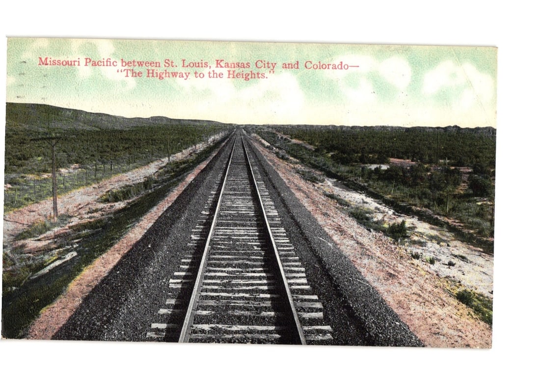 Missouri Pacific Railroad Tracks postcard, 'The Highway to the Heights' through vast plains, 1910. (1 of 2)