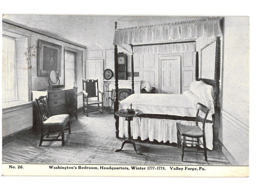 Historic Washington's Bedroom, Headquarters, Winter 1777-1778, Valley Forge, Pa. postcard: A black and white photo-mechanical print depicts an interior view of a historic bedroom. The central feature is a four-poster canopy bed with white linens, positioned to the right of the frame. To the
