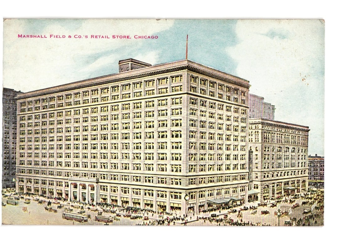 Marshall Field & Co. Retail Store, Chicago, Early 20th Century Lithograph Postcard: A multi-story commercial building, Marshall Field & Co.'s Retail Store, is depicted in a chromolithograph. The massive stone-clad structure, featuring numerous windows and a flagstaff on the roof, dom