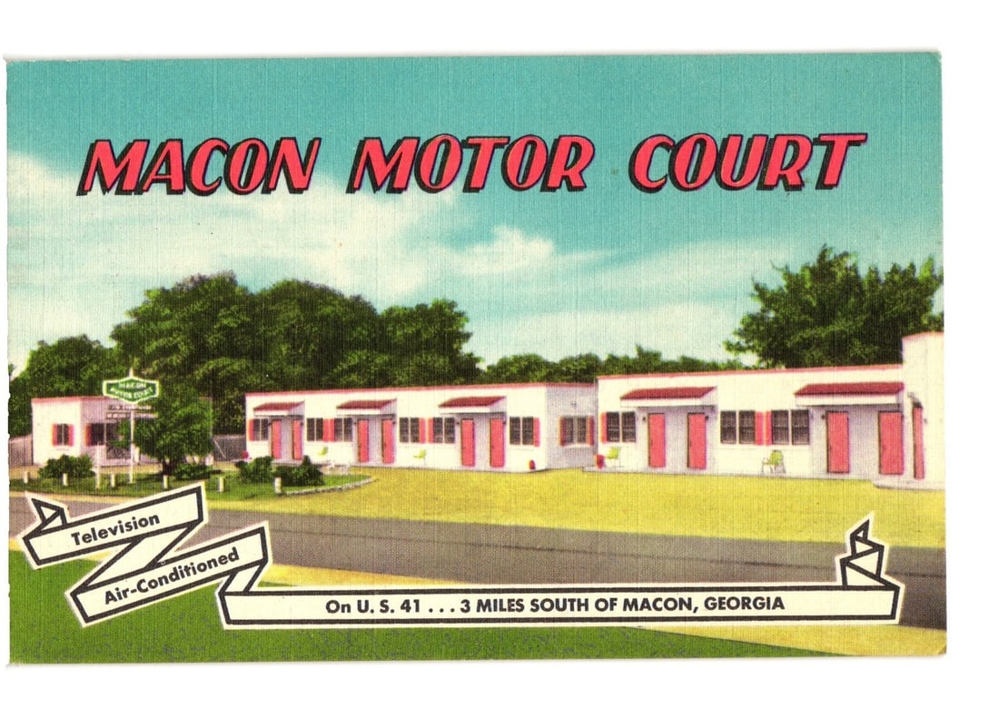 Macon Motor Court Postcard, U. S. Highway 41, South of Macon, Georgia, Mid-20th Century: A chromolithograph postcard depicting the Macon Motor Court, a single-story motel complex. The image shows several white motel units with red doors and window shutters, arranged horizontally with a gr