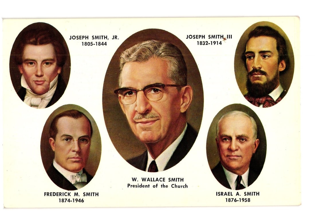 Portraits of Five Presidents of the Church, Joseph Smith Family, Independence, MO postcard (1 of 2)
