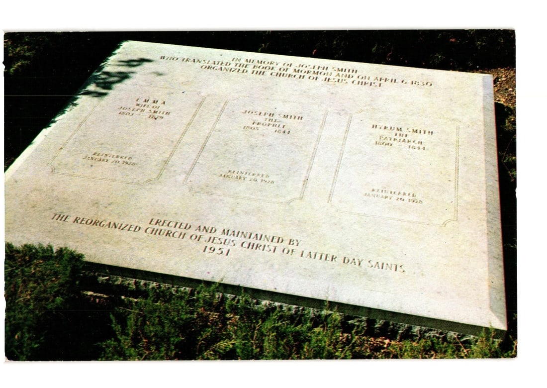Nauvoo, Illinois Monument for Joseph, Emma, and Hyrum Smith Martyrs' Graves postcard, 1951 (1 of 2)