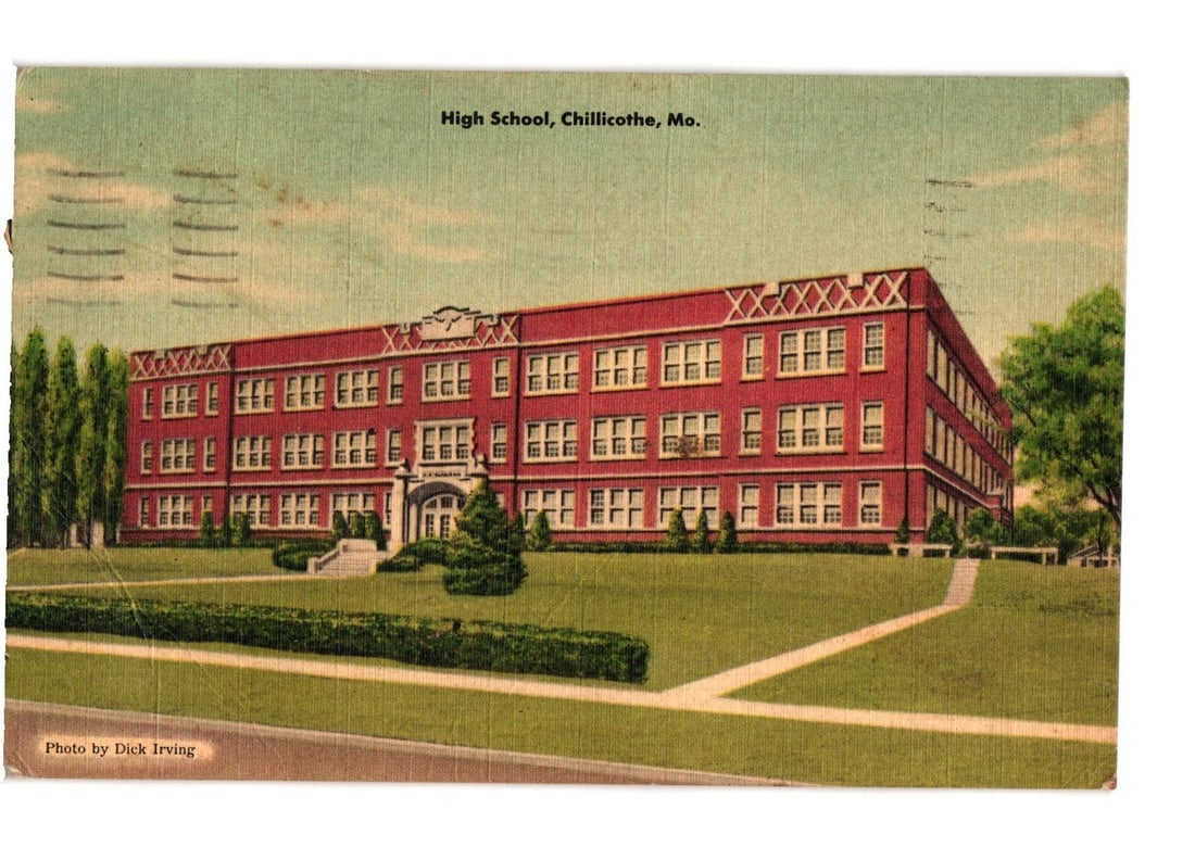 Chillicothe, Missouri High School Building and Grounds, Mid-20th Century Colorized Lithograph: A colorized lithograph depicts a large, rectangular, red brick high school building with white trim, set amidst green lawns and landscaping. The building features a prominent central arched entrance w