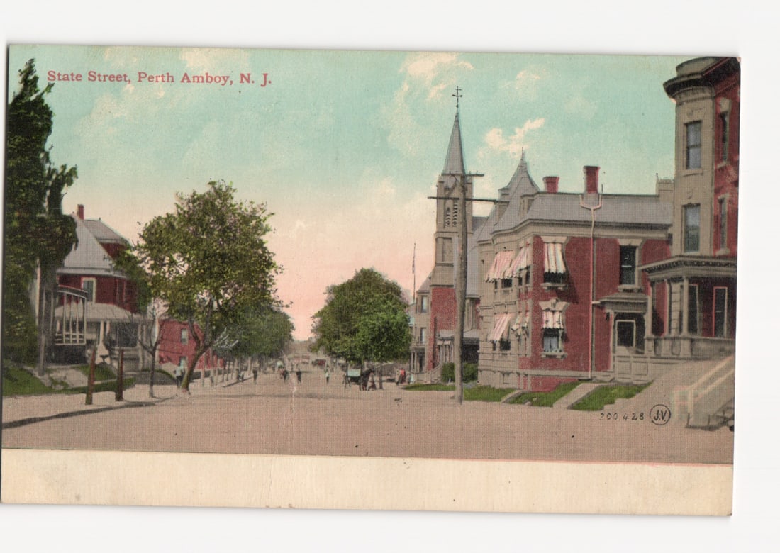 1911 View of State Street in Perth Amboy, New Jersey, featuring buildings and trees postcard: A vibrant hand-colored lithograph depicts State Street in Perth Amboy, New Jersey, featuring a mix of commercial and residential architecture. Multi-story red brick buildings with white trim, bay wind