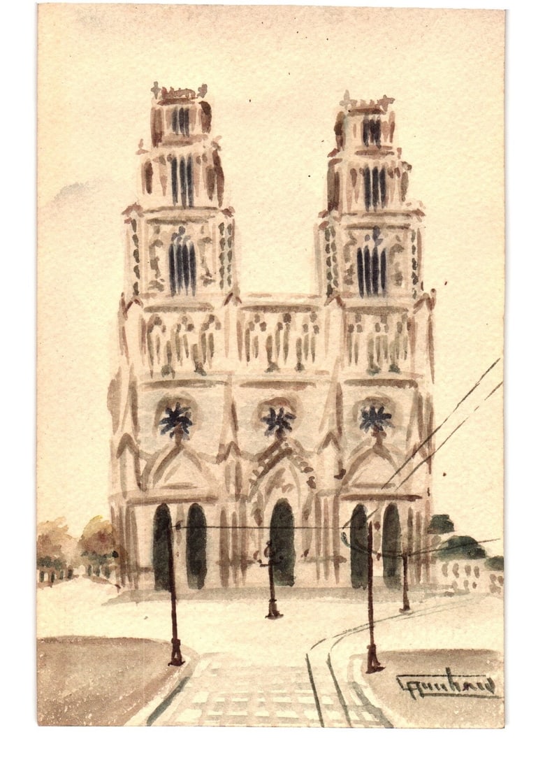 Vintage Watercolor Postcard featuring a Twin-Towered European Cathedral and Street Scene: A watercolor illustration depicts the ornate facade of a large European cathedral or church. The building features two prominent, multi-tiered towers flanking a central nave with arched doorways at gr