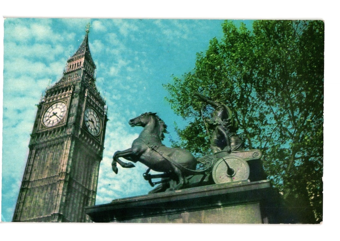 Color photograph postcard of Big Ben and the Boadicea Statue, London, United Kingdom: A color photograph captures the Elizabeth Tower, commonly known as Big Ben, and the Boadicea Statue against a blue sky. The tower, with its distinctive clock faces, dominates the left side of the comp