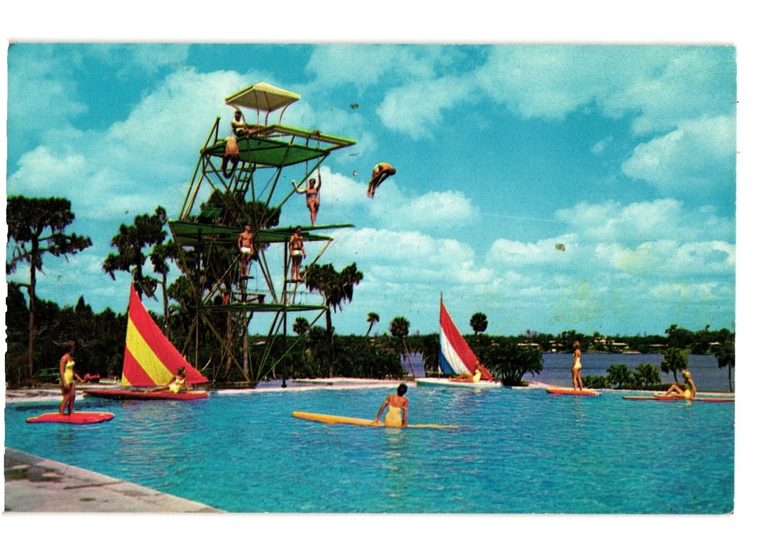 Aquaramic Swimming Pool Postcard, Florida Cypress Gardens: Diving Tower, Swimmers, Small Sailboats (1 of 2)