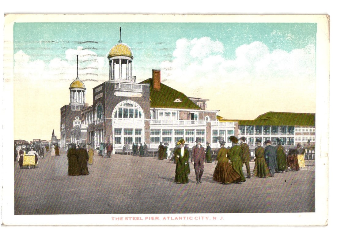 The Steel Pier at Atlantic City, New Jersey, featuring pedestrians, early 20th century postcard. (1 of 2)
