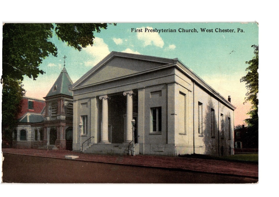 First Presbyterian Church, West Chester, Pennsylvania, circa 1913 architectural postcard.: A Classical Revival style church building is depicted, featuring a prominent portico with four large columns supporting a pediment. Stairs ascend to the main entrance. Behind and to the left, a distin
