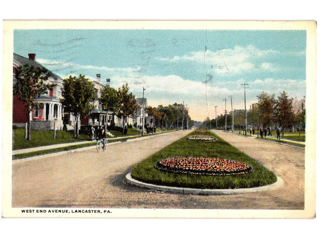 West End Avenue, Lancaster, Pennsylvania Street Scene Colorized Lithograph Postcard, 1910s (1 of 2)