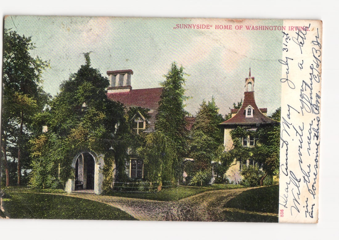 Historic Estate Postcard: Sunnyside, Home of Washington Irving, Architectural Landscape, Early 20th: A colored lithograph depicts Sunnyside, the historic home of author Washington Irving, amidst dense foliage. The architectural subject features a multi-gabled house with several chimneys and an arched