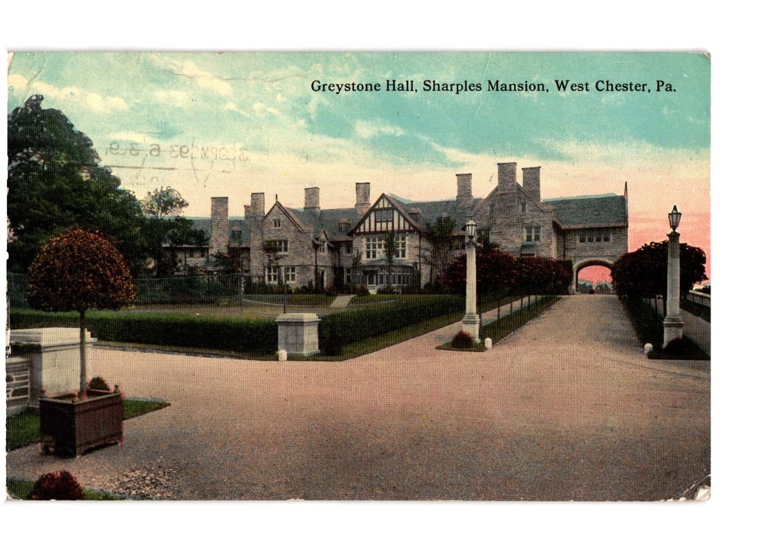 Greystone Hall, Sharples Mansion, West Chester, Pennsylvania, early 20th-century architectural: A grand stone mansion, Greystone Hall (Sharples Mansion), is depicted amidst manicured lawns and mature trees. The multi-gabled residence features stone walls, prominent chimneys, and varied window st