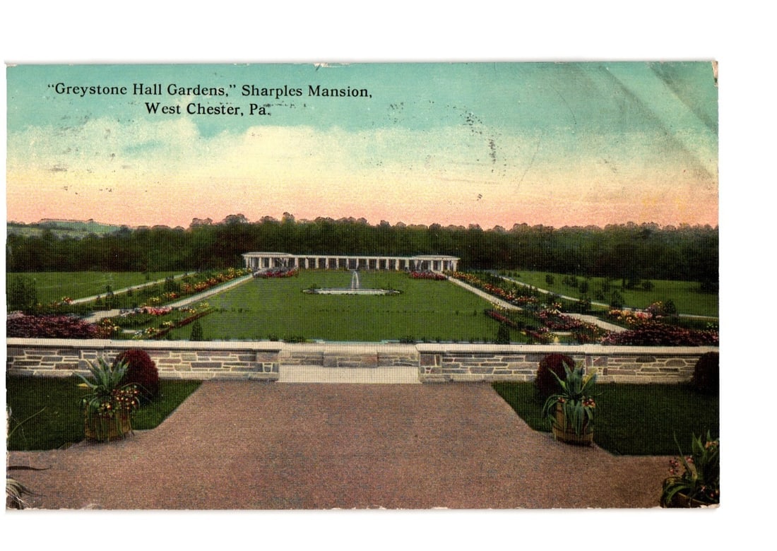Greystone Hall Gardens, Sharples Mansion, West Chester, Pennsylvania, early 20th Century postcard (1 of 2)