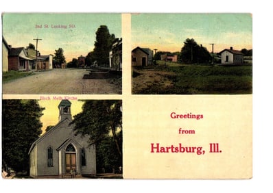 Hartsburg, Illinois Multi-View Postcard: 2nd Street and Bisch Meth Kirche, circa 1910s