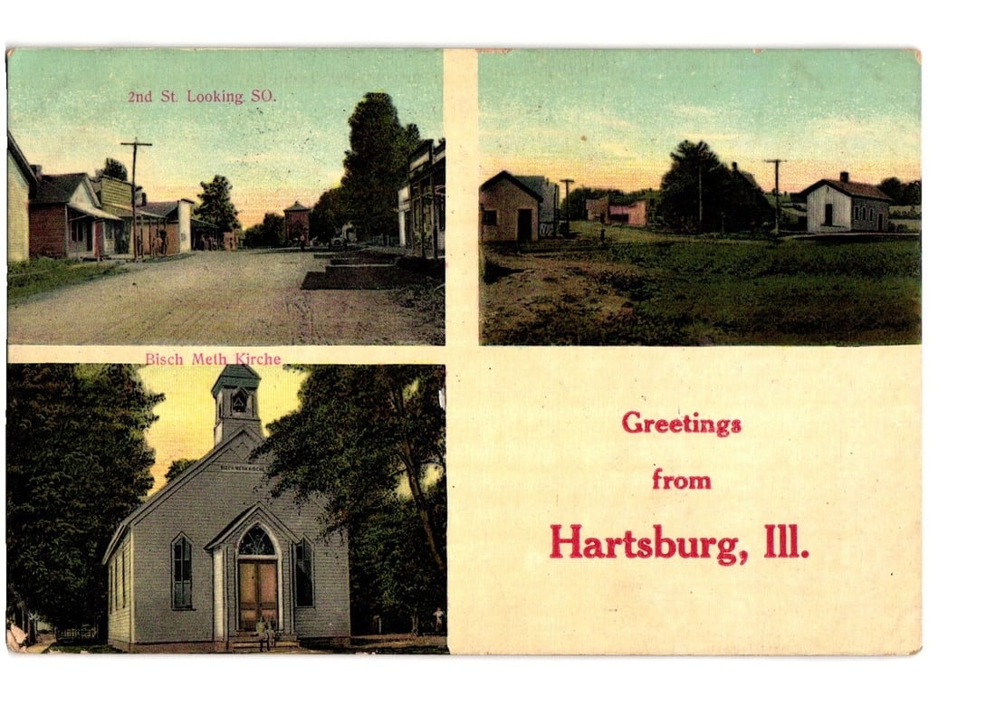 Hartsburg, Illinois Multi-View Postcard: 2nd Street and Bisch Meth Kirche, circa 1910s: A multi-view chromolithograph postcard features three distinct scenes and a greeting panel. The top-left view depicts "2nd St. Looking SO." (South) with a dirt road, several wooden buildings, utility 