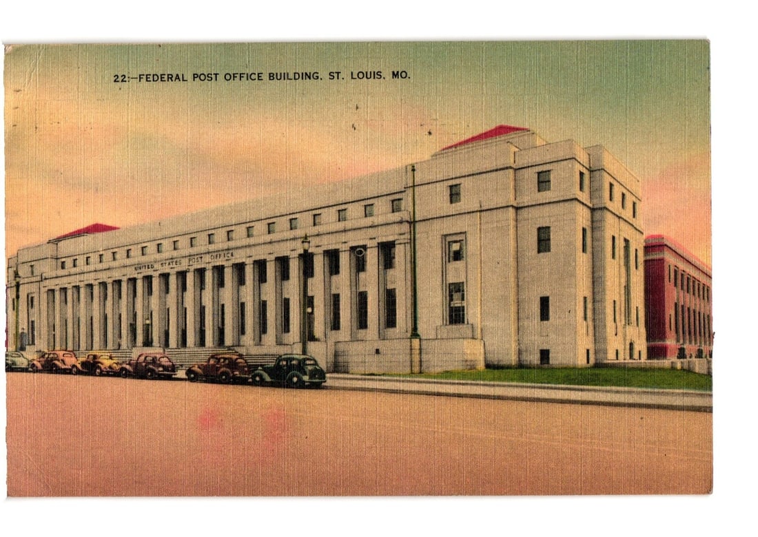 St. Louis, MO: Federal Post Office Building, 1941 United States Government Postcard (1 of 2)