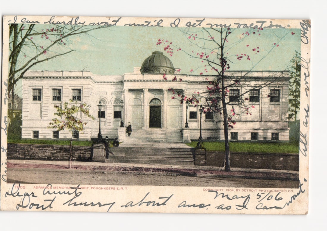 Historic Adrian Memorial Library Building, Poughkeepsie, NY, 1904 Chromolithograph postcard (1 of 2)