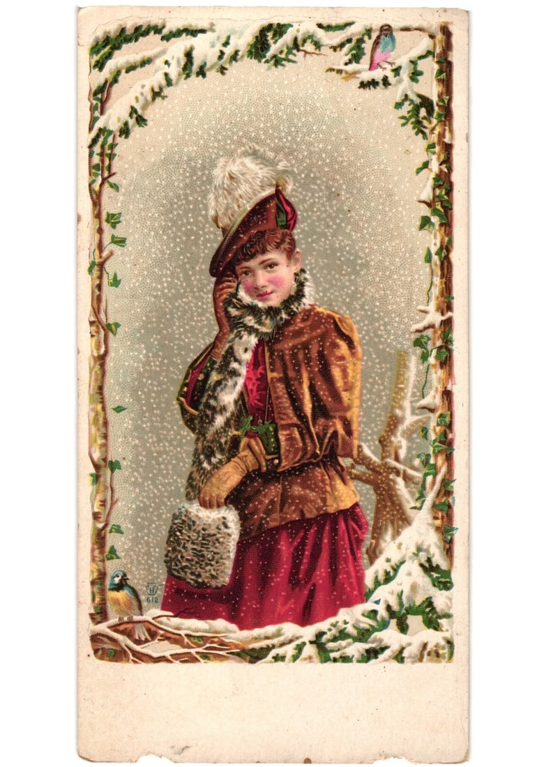 Chromolithograph Postcard depicting a Woman in Winter Fur Attire, Bridgeport Elastic Web Co. Ad: A young woman is depicted in a winter scene, half-length, facing slightly right. She wears a brown jacket with fur trim, a red garment, gloves, and a hat adorned with a white plume, holding a fur muff