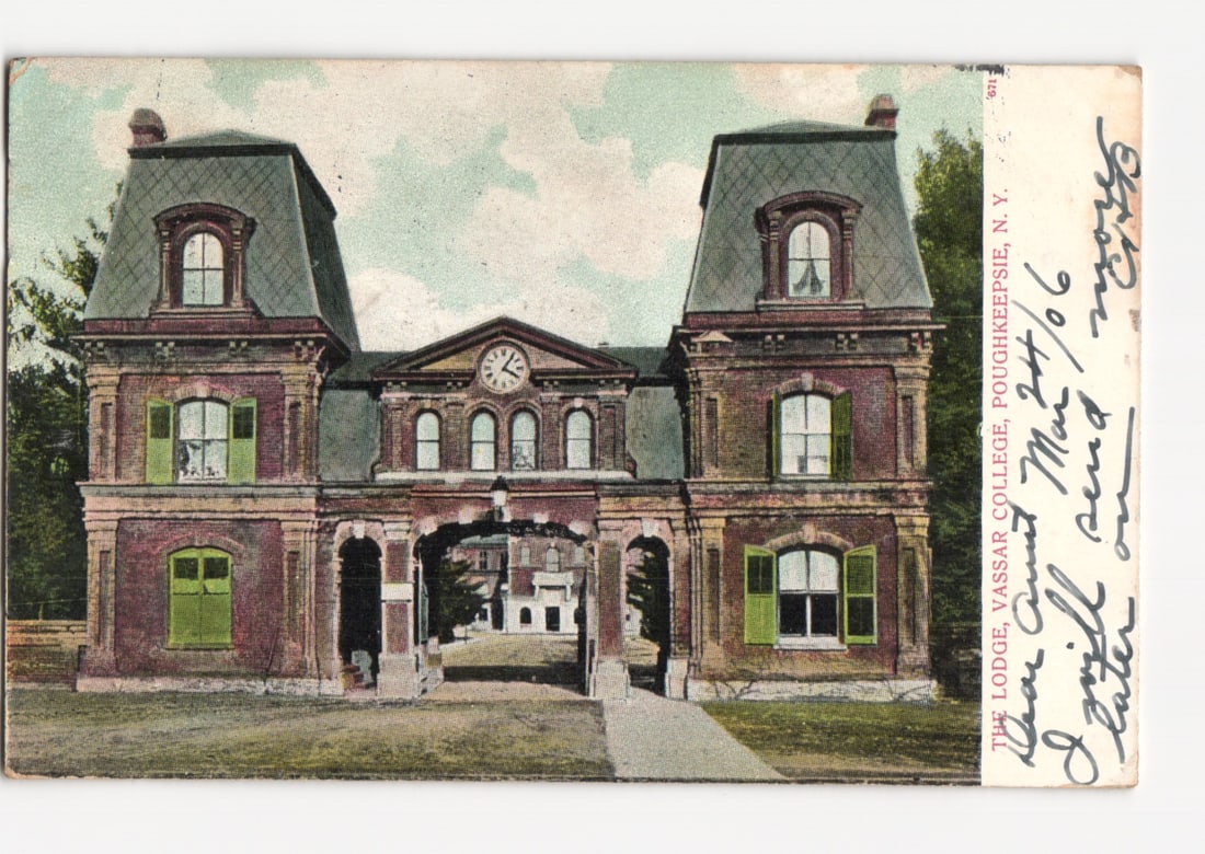 The Lodge, Vassar College, Poughkeepsie, N.Y., c. 1906 Architectural Lithograph Postcard: A large, multi-story brick building with two prominent corner towers, each topped with a mansard roof and dormer windows. The central section features a wide arched entryway, above which a clock is vi
