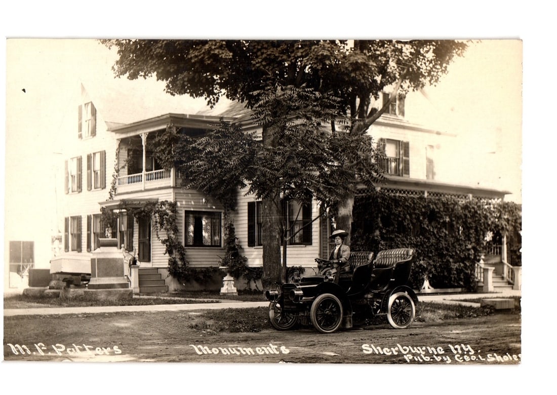 Early 20th Century Postcard of M. F. Potters Monuments and Automobile, Sherburne, N.Y. (1 of 2)