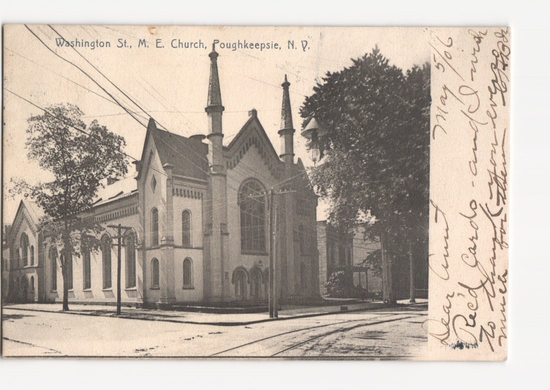 Architectural View Postcard: M. E. Church on Washington St., Poughkeepsie, N.Y., c. 1910.: A street-level photographic view of the M. E. Church on Washington Street in Poughkeepsie, New York. The church features Gothic Revival architecture with twin steeples and arched windows, rendered in 
