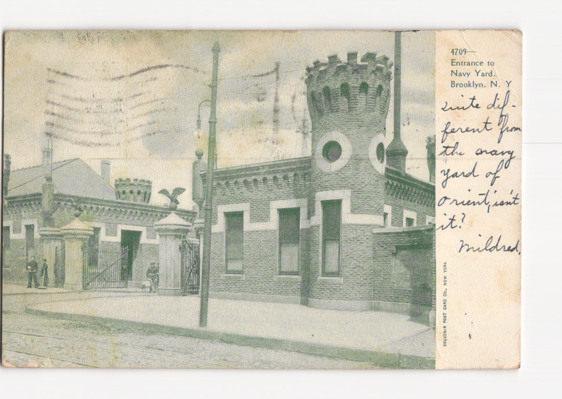 Early 20th century postcard featuring the fortified entrance to the Navy Yard, Brooklyn, N.Y. (1 of 2)